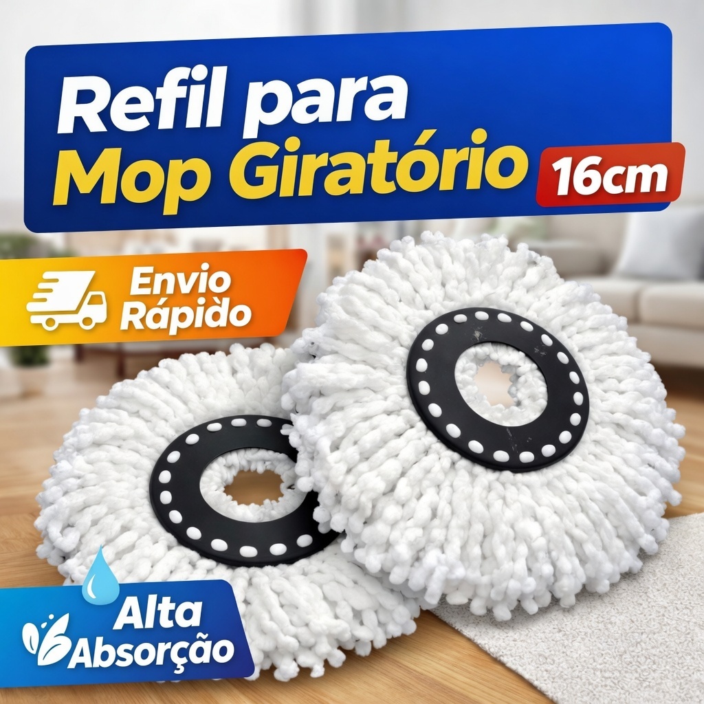 Refil Mop Giratório 16cm Encaixe Universal 360° Rotação Microfibra Alta Absorção Limpeza Eficiente