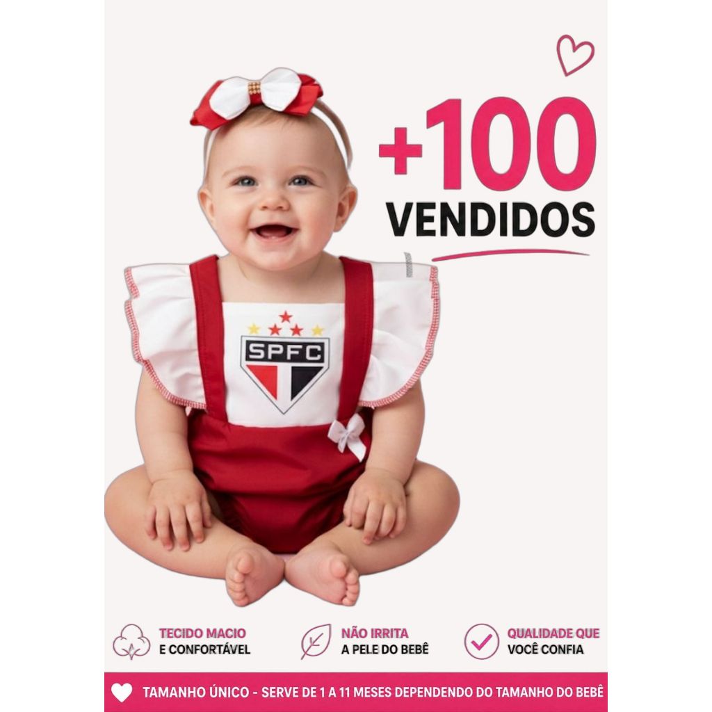 Roupinha Mesversário São Paulo Menina 3 a 6 Meses Body Bebê Time Tricolor + Laço Fofo