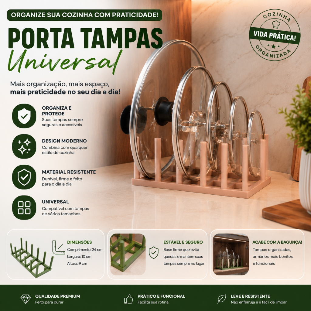 Porta Tampas de Panela Universal para 6 Tampas Organizador para Armário Gaveta ou Bancada