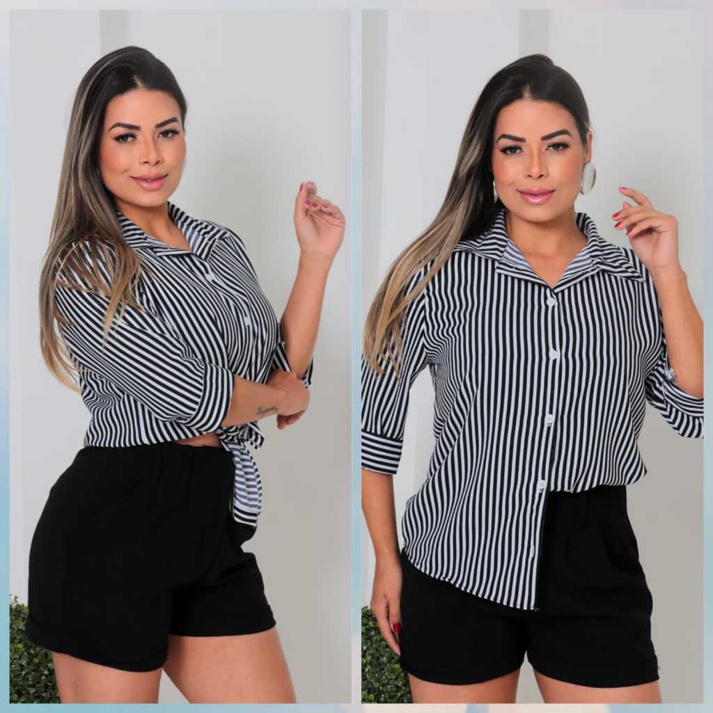 Camisa listrada feminina elegante - moda casual Manga 3/4