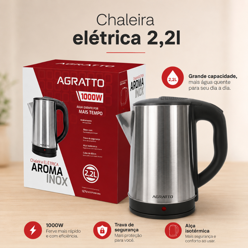 Chaleira Elétrica 2,2l Jarra Inox Elétrica Moderna Xaleira Ferve Água Rápido Agr