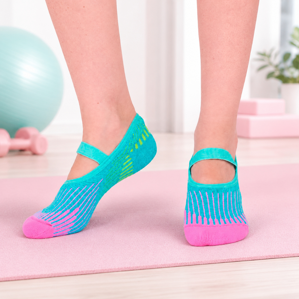Meia Sapatilha Feminina Antiderrapante Puket Turquesa e Rosa Para Pilates Yoga e exercícios 34 ao 39