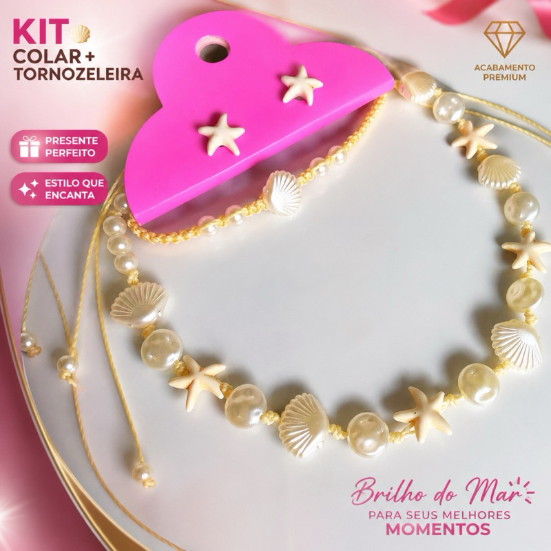 Kit Colar Choker + Brinco + Tornozeleira Praia Estrela do Mar Conchas Verão Feminino Tendência 2026