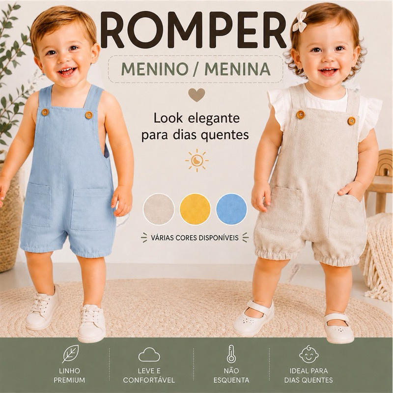 Romper Infantil Bebê Menino Menina Linho Premium Macacão Jardineira