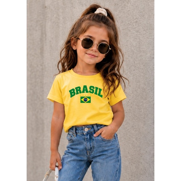 Camiseta Infantil Menina Brasil Copa do Mundo Blusa Cute Algodão Tecido macio Confortável