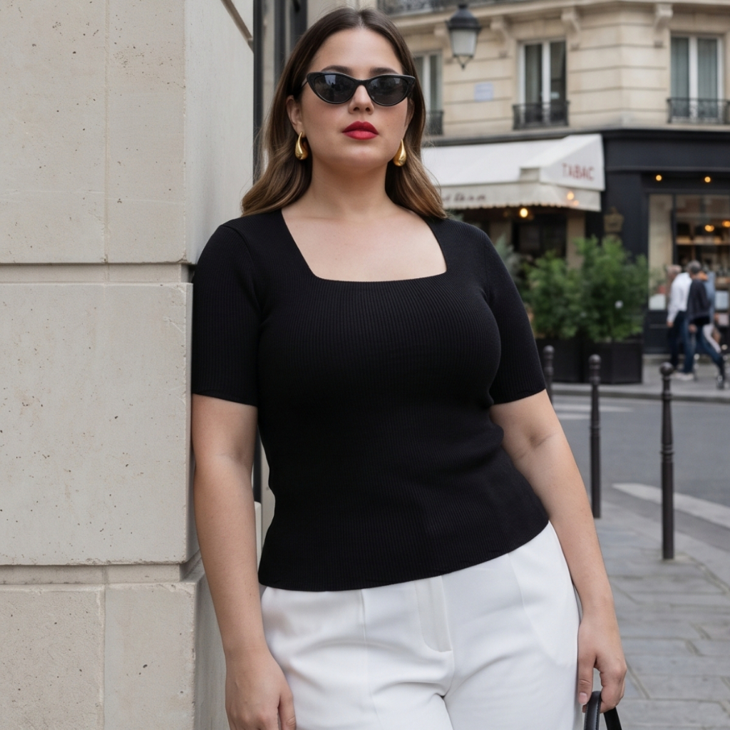 Blusa Feminina Plus Size Decote Quadrado Manga Curta Social Trabalho G1, G2 e G3
