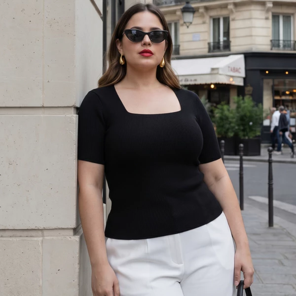 Blusa Feminina Plus Size Decote Quadrado Manga Curta Social Trabalho G1, G2 e G3