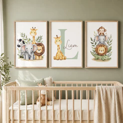 Kit 3 Quadros Decorativos Infantil Safari Personalizado Com Nome Quarto Bebê Menino Animais