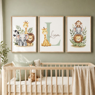 Kit 3 Quadros Decorativos Infantil Safari Personalizado Com Nome Quarto Bebê Menino Anima…