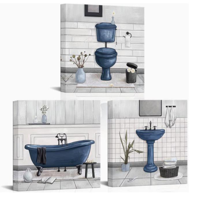 Kit 3 Quadros Decorativos Banheira Lavabo Toillet Delicados Coloridos Vintage Azul Marinho Luxo