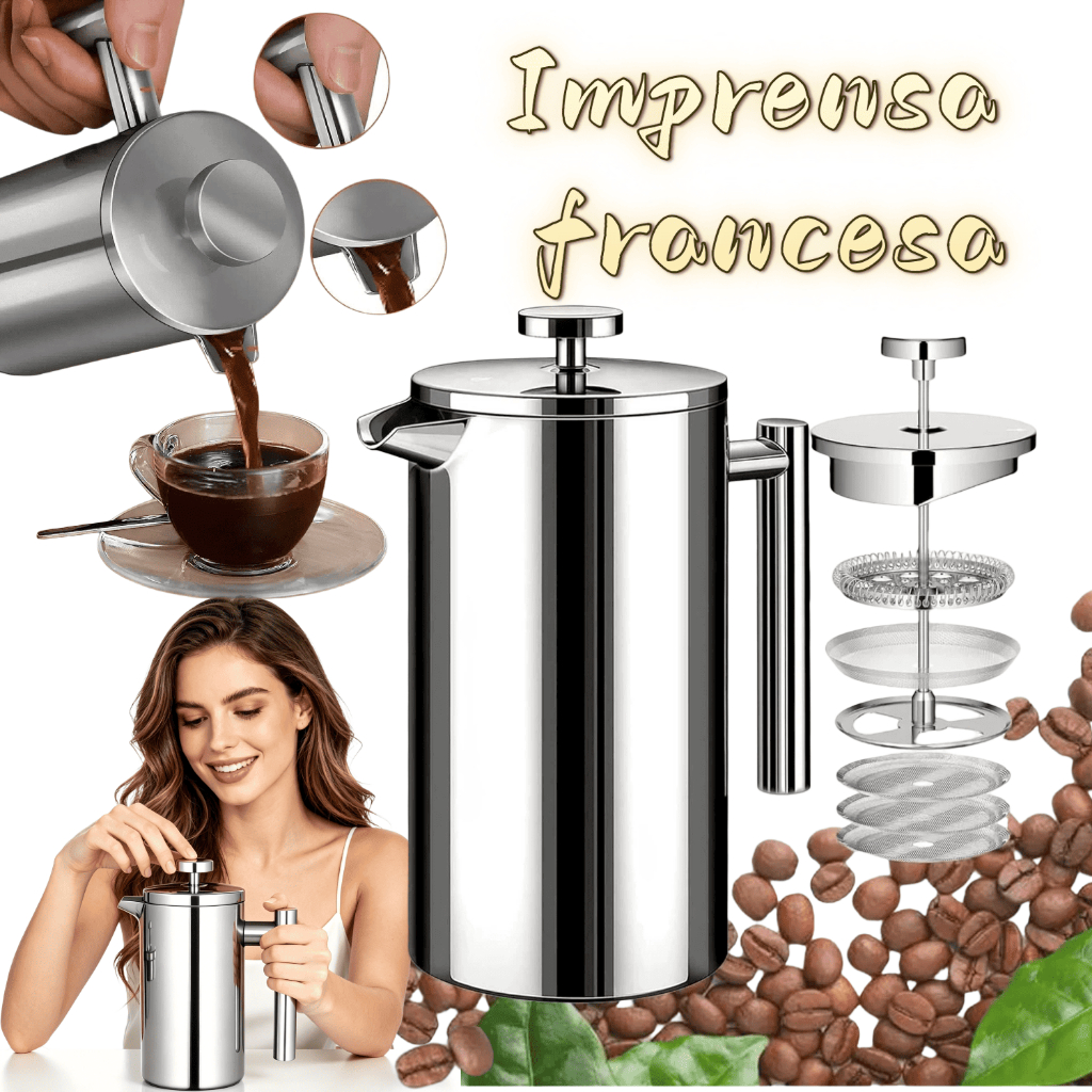 Cafeteira Prensa Francesa Aço Inoxidável 800ml para Café e Chá, Filtração 4 Níveis Preserva Aroma e Sabor