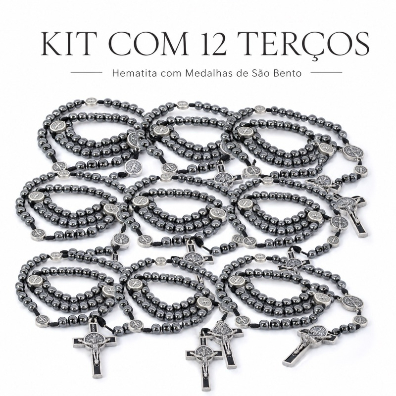 Kit 12 Terços Pescoço Hematita e Aço Inox São Bento Medalha