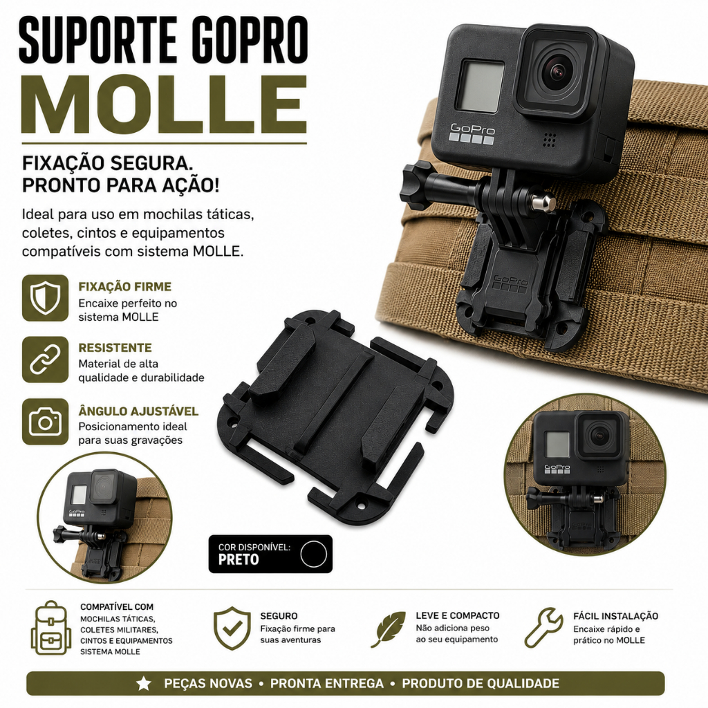 Suporte MOLLE GoPro Mochila Tática Camping Trilha Ciclismo EDC Militar