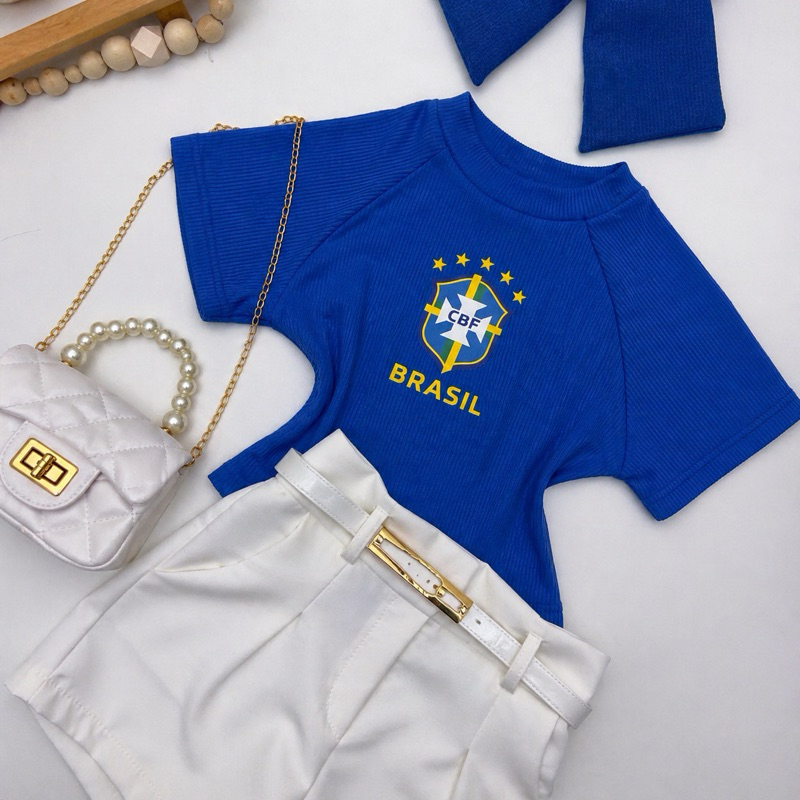 Conjunto Infantil 2 Peças Blusa do Brasil Menina Short Alfaiataria Moda Bloguerinha Casual Fashion Look Copa