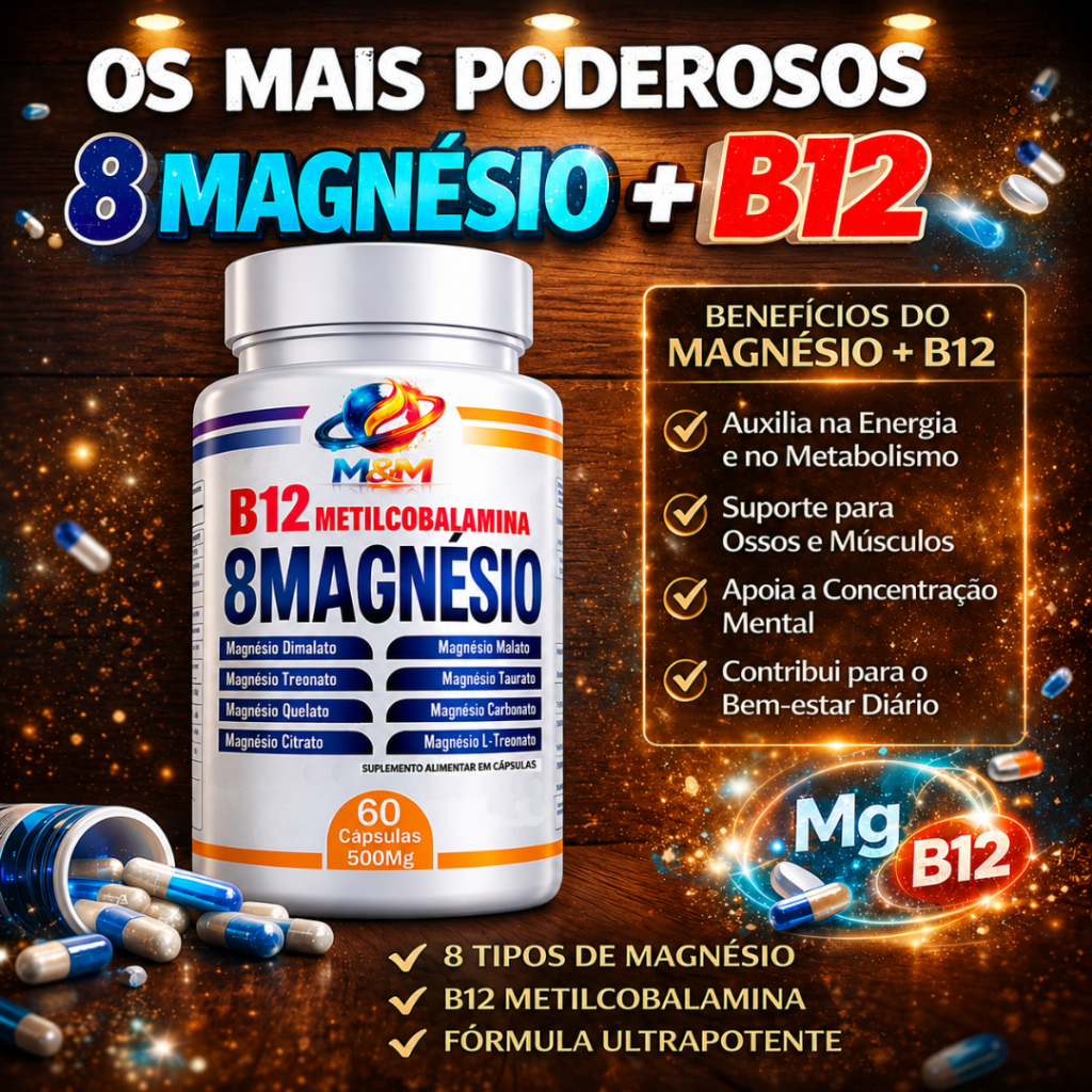 8 Magnésio + B12 Metilcobalamina Magnésio Quelato, Dimalato, Taurato,Vitamina B12 120 OU 60 CAPSULAS