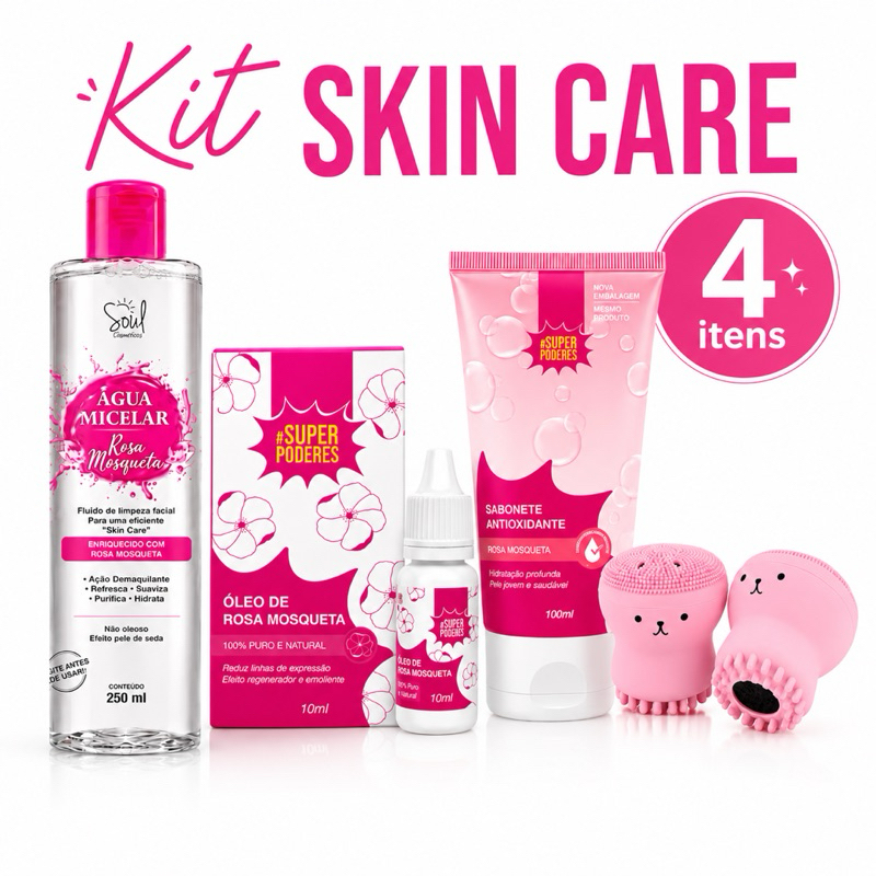 Kit Skin Care Rosa Mosqueta 4 Itens – Rotina Completa de Cuidados Faciais