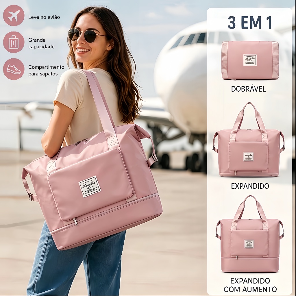 Bolsa de Viagem Dobrável 3 em 1, Bolsa Academia Expansível, Impermeável, Grande Capacidade, Bolsa de Mão e Ombro