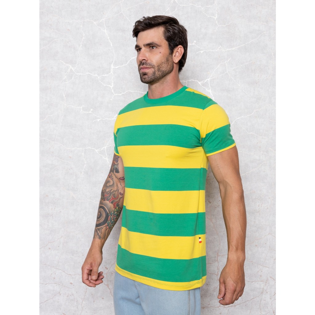 Camiseta Listrada Masculina Brasil Verde Amarela Copa do Mundo - Malha Algodão Premium Fio Tinto - Não Desbota