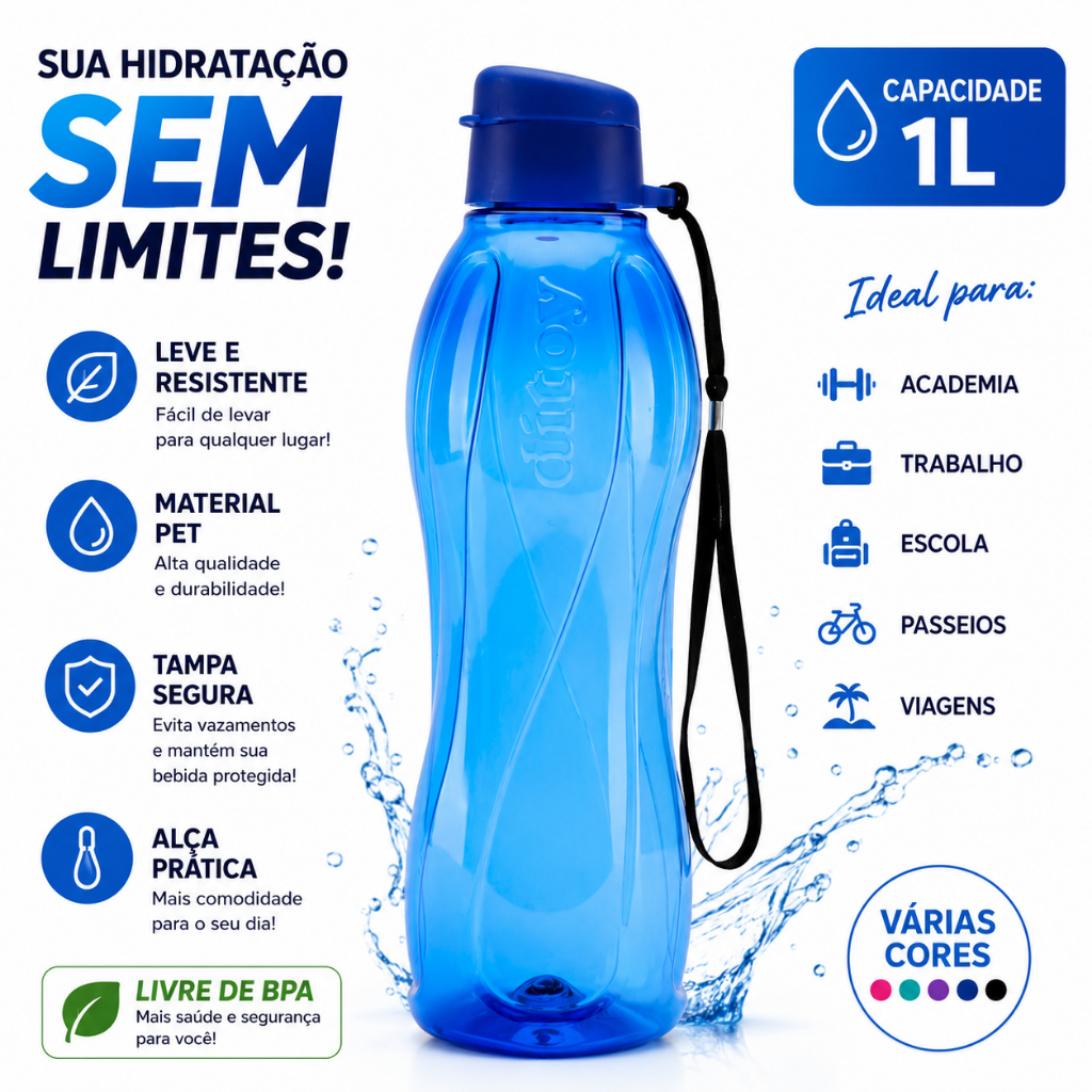 Garrafa de Água Squeeze PET 1 Litro Mônaco Colorida Lisa | Tampa Flip Top com Alça