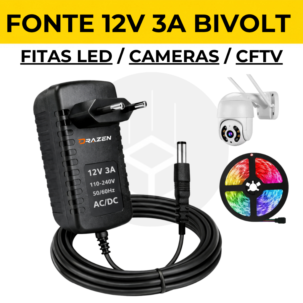 Fonte 12V 3A Bivolt Estabilizada Fita Led Câmera Cftv
