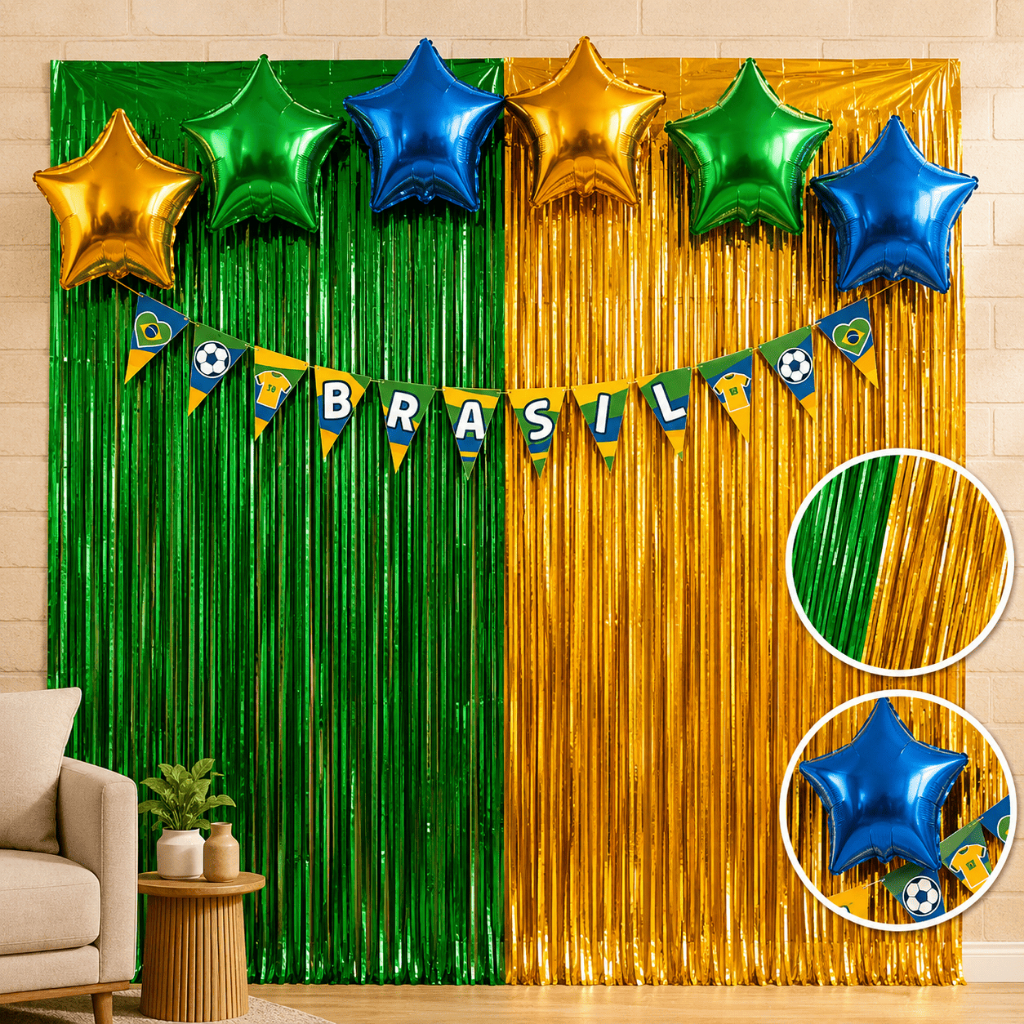 Kit Decoração Brasil Copa do Mundo 2026 Painel Festa Futebol Cortina Metalizada Balões Comercio Bar Restaurante Loja