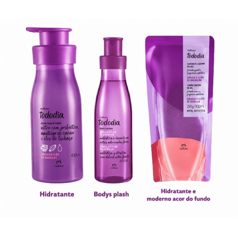KIT AMEIXA E FLOR DE BAUNILHA NATURA: HIDRATANTE 400ML, BODY SPLASH 200ML E REFIL DO HIDRATANTE