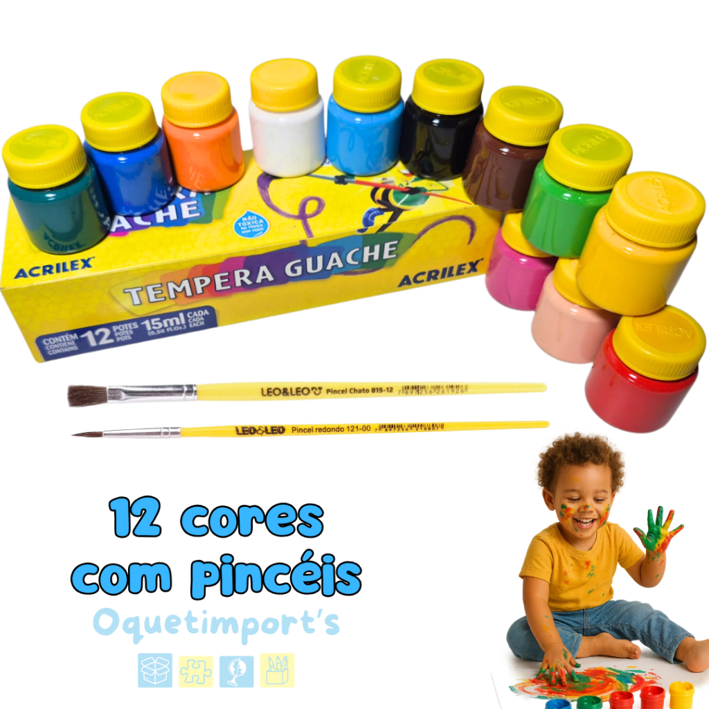 Tinta Tempera Guache Acrilex 15ml com 12 Cores Vibrantes + 2 Pincéis Não Tóxica e Lavável