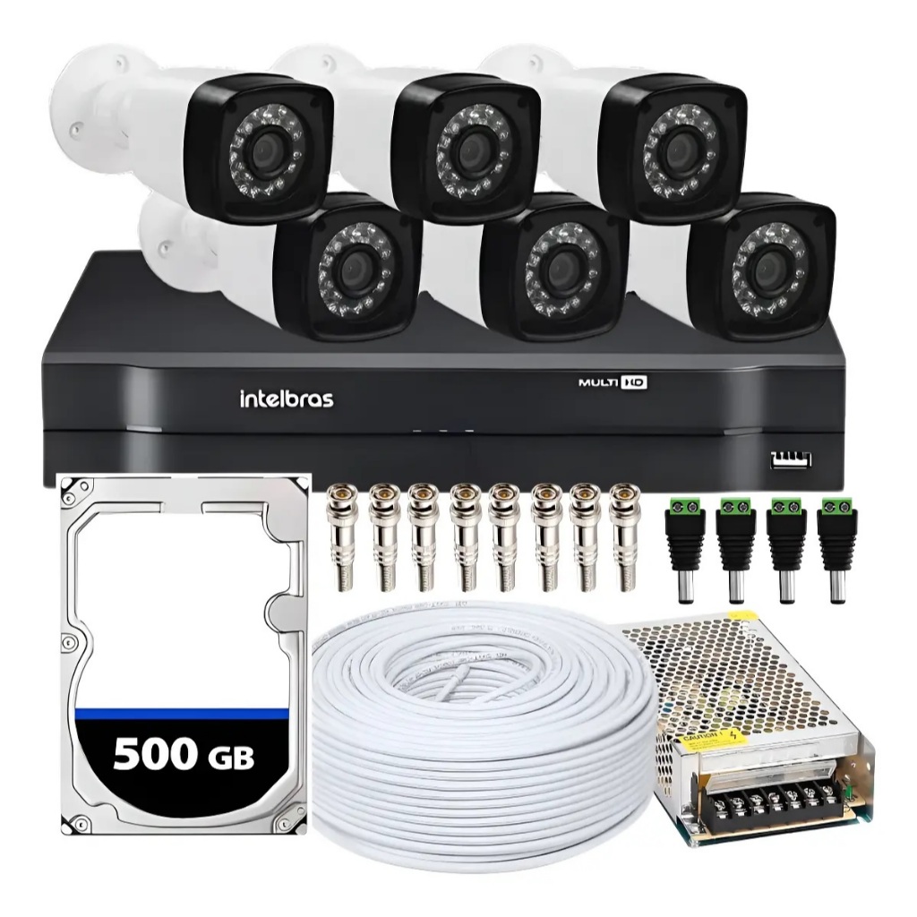 Kit Completo Dvr Intelbras 8 Canais 6 Câmeras Infravermelho