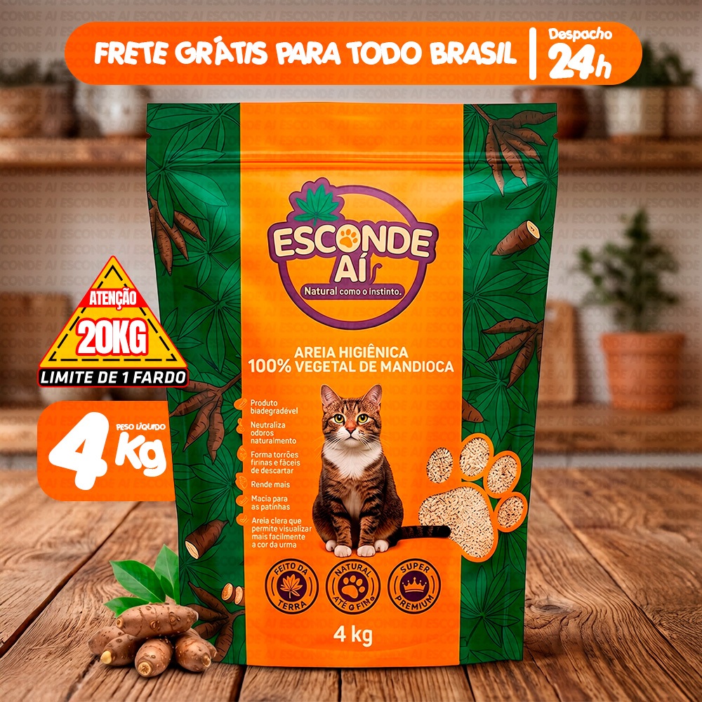 Areia Sanitária Granulado Higiênico de Mandioca Biodegradável Esconde Ai 4KG a 16KG Forma Torrões