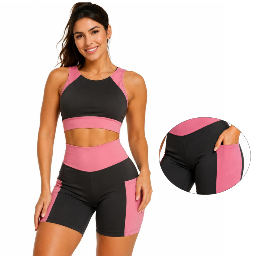 Conjunto Academia Feminino Short e Top Fitness Cintura Alta Suplex Premium Diversas Cores
