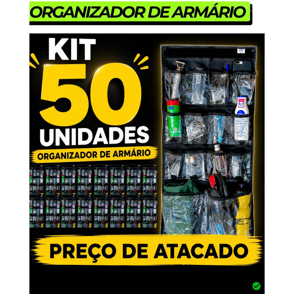 KIT 50 UNIDADES Organizador De Armário Porta Objetos De Roupeiro Otimiza Espaço + Kit para Instalação