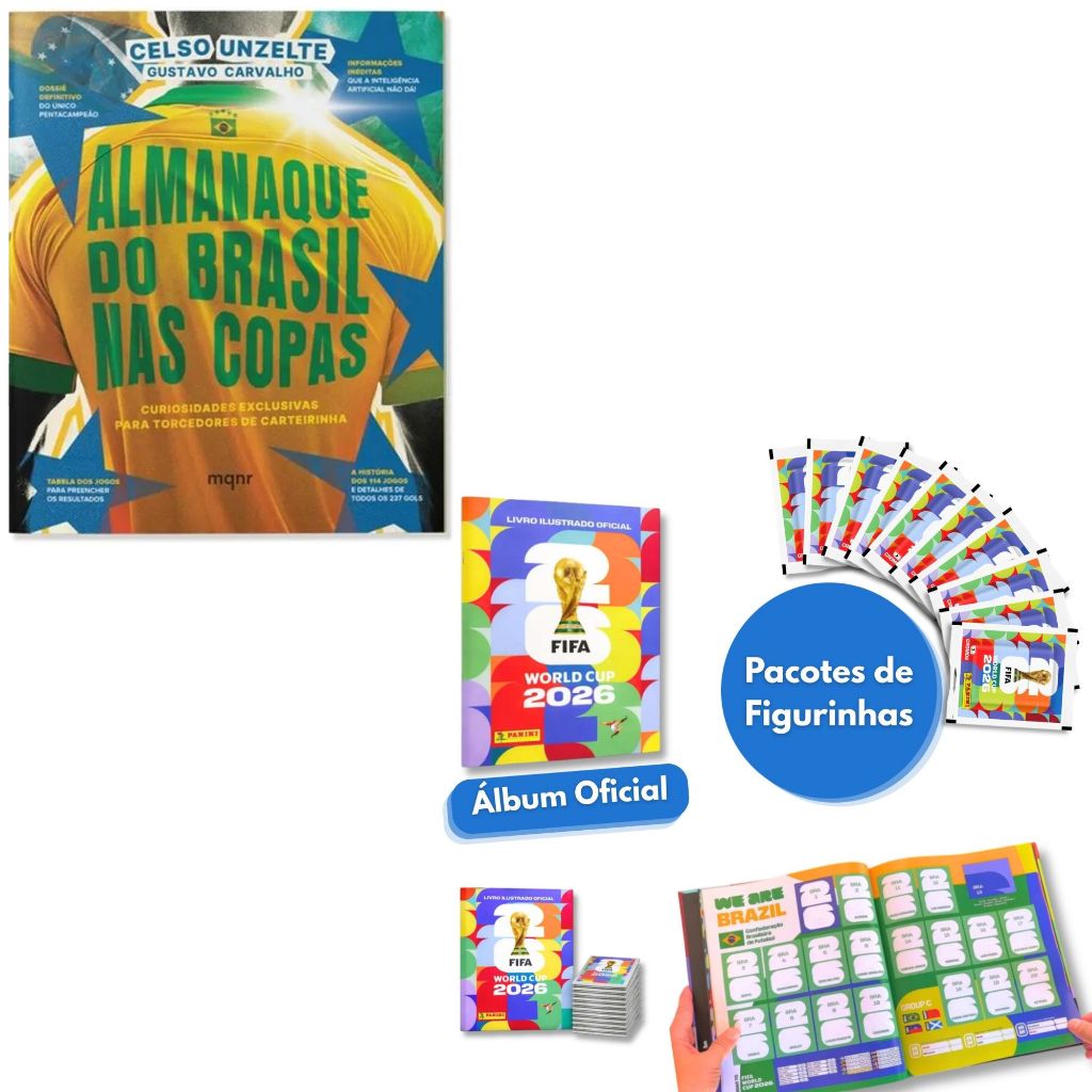 Kit Almanaque do Brasil nas Copas + Album de Figurinhas + 12 Pacotes de Figurinhas da Copa do Mundo