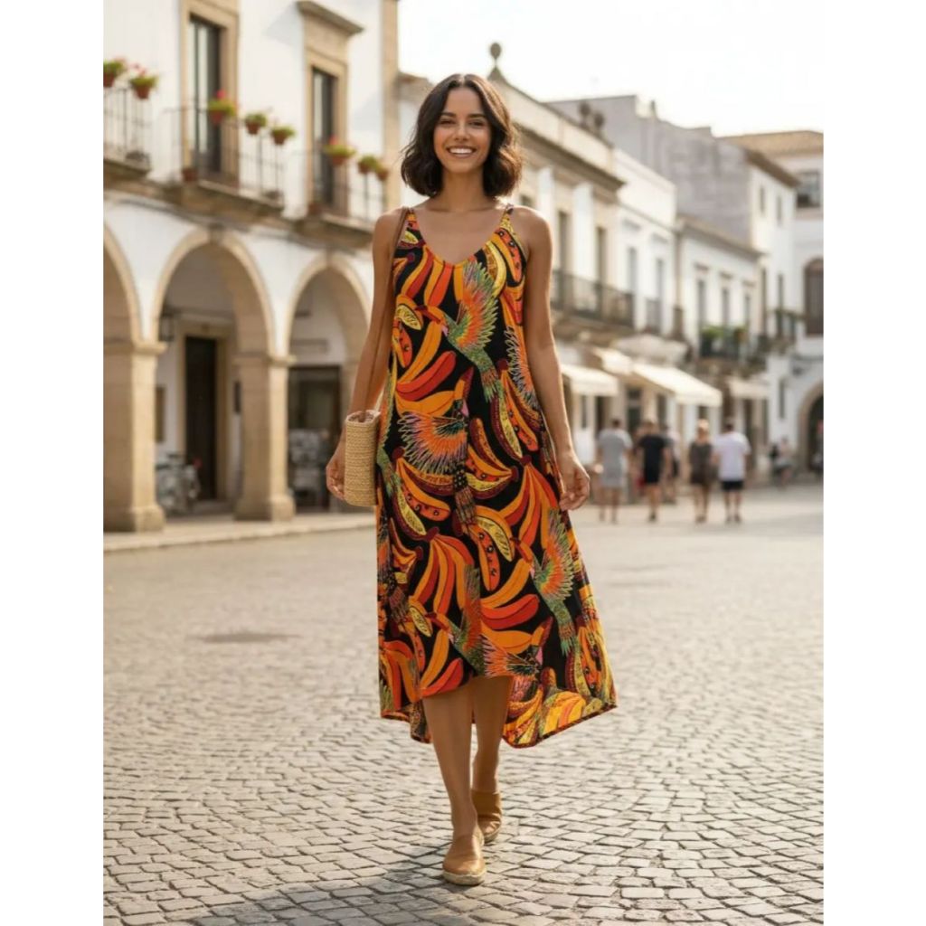 Vestido Trapézio Indiano Com Bolsos Laterais Soltinho Verão Promoção Soltinho