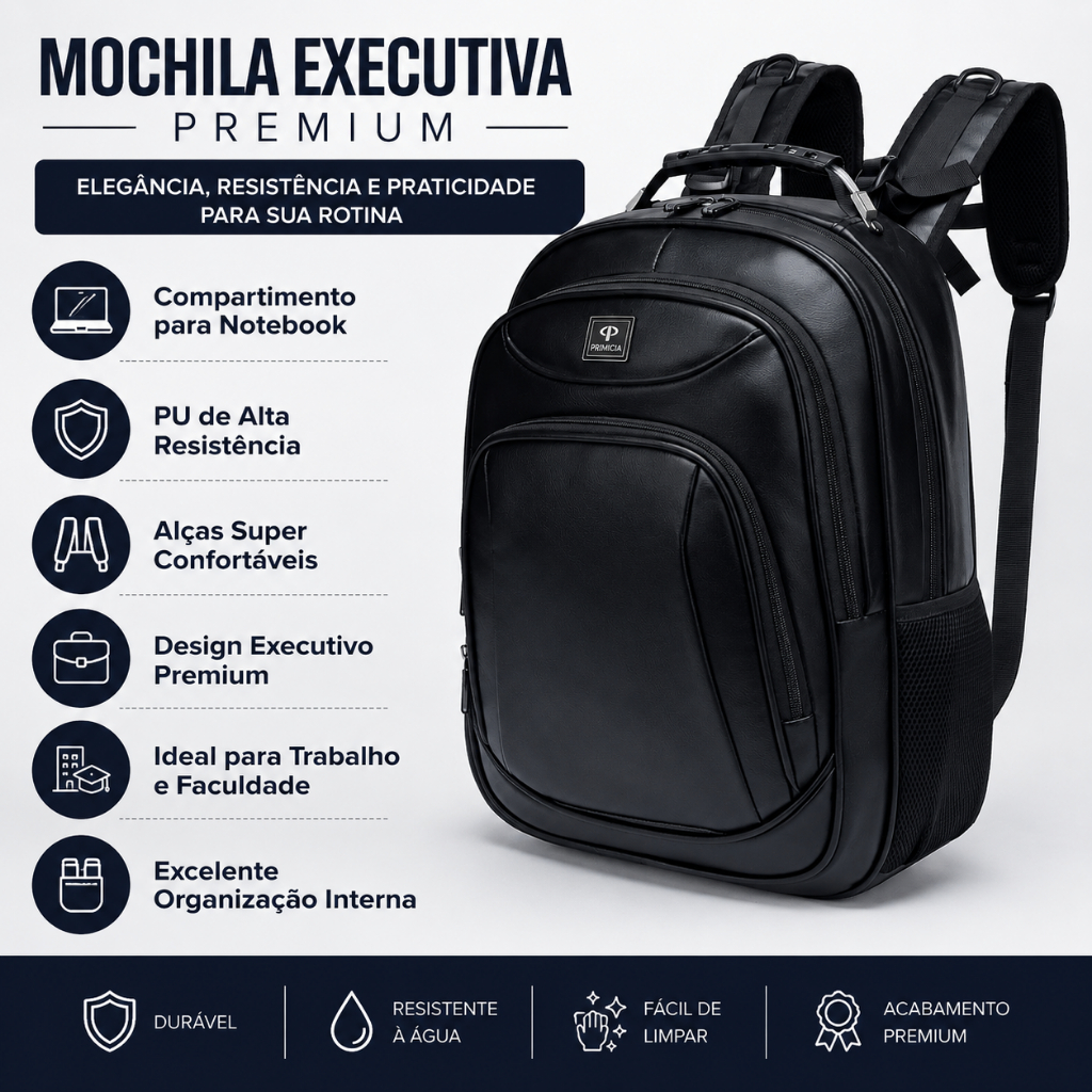 Mochila Executiva Notebook Premium PU Reforçada 25 Litros Resistente Trabalho Faculdade Primicia
