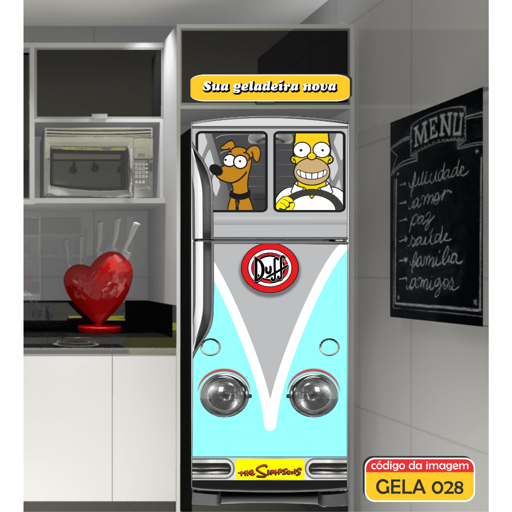 Adesivo Decorativo de Geladeira Kombi Azul Simpsons Envelopamento Decoração Porta FRENTE (GELA 028 )