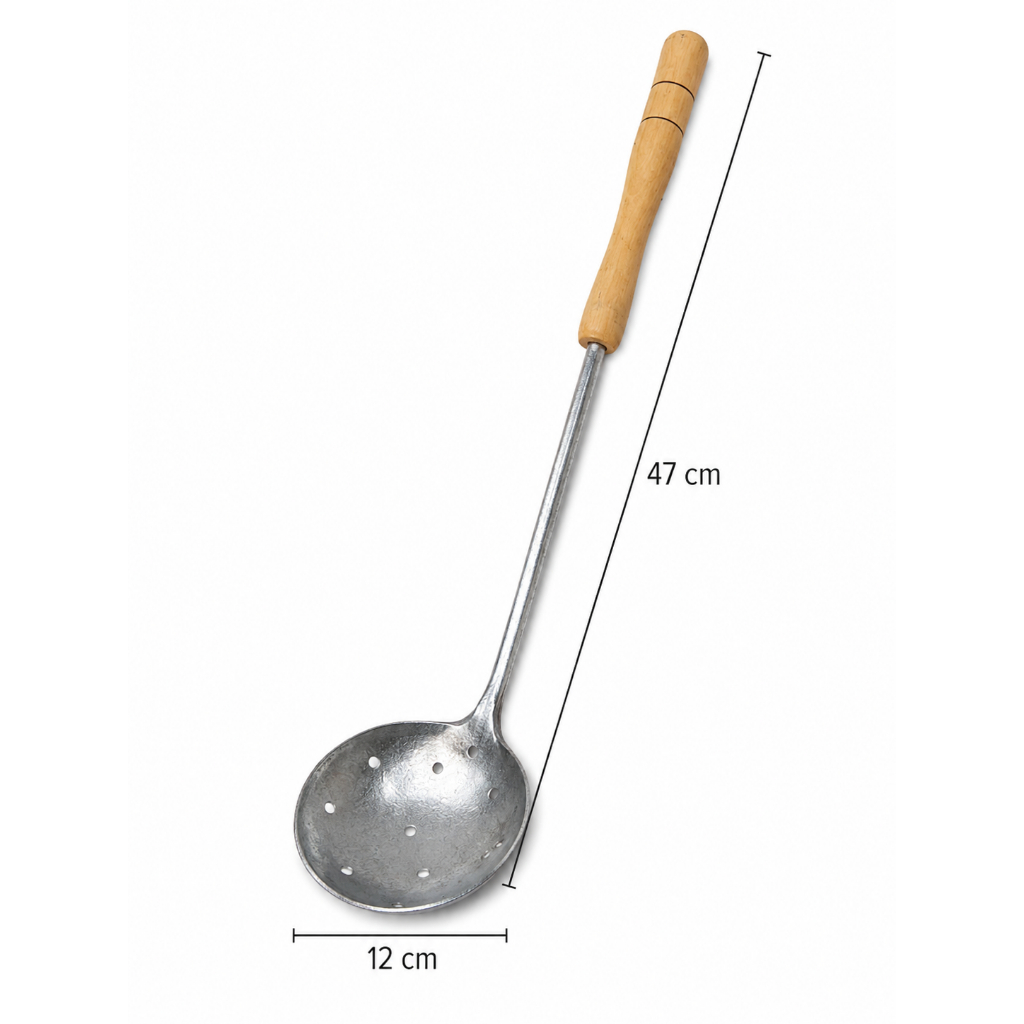 Escumadeira Inox Cabo Madeira 47cm Grande Resistente Cozinha Fogão Lenha