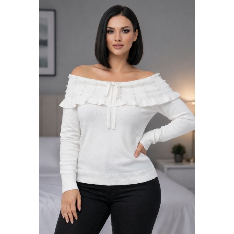 Blusa feminina Ombro a Ombro Branca com Pérolas | Manga Longa Babado Elegante Moda Blogueira Tendência