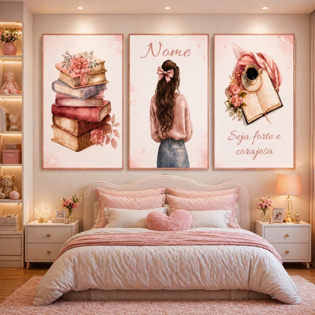 Detalhes do Kit 3 Quadro Decorativo Menina Leitura Quarto Adolescente Livros Flores Nome Personalizado feminino