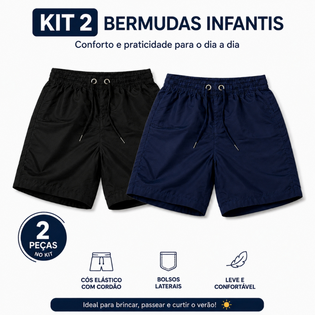 Kit 2 Bermuda Tactel Infantil Juvenil Escola Passeio Piscina Esporte
