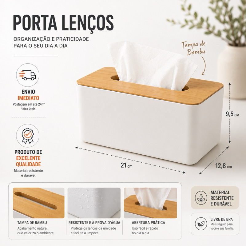 Caixa Porta Lenços Umedecido Papel Retangular Bambu C/ Suporte Celular Retangular Guardanapo