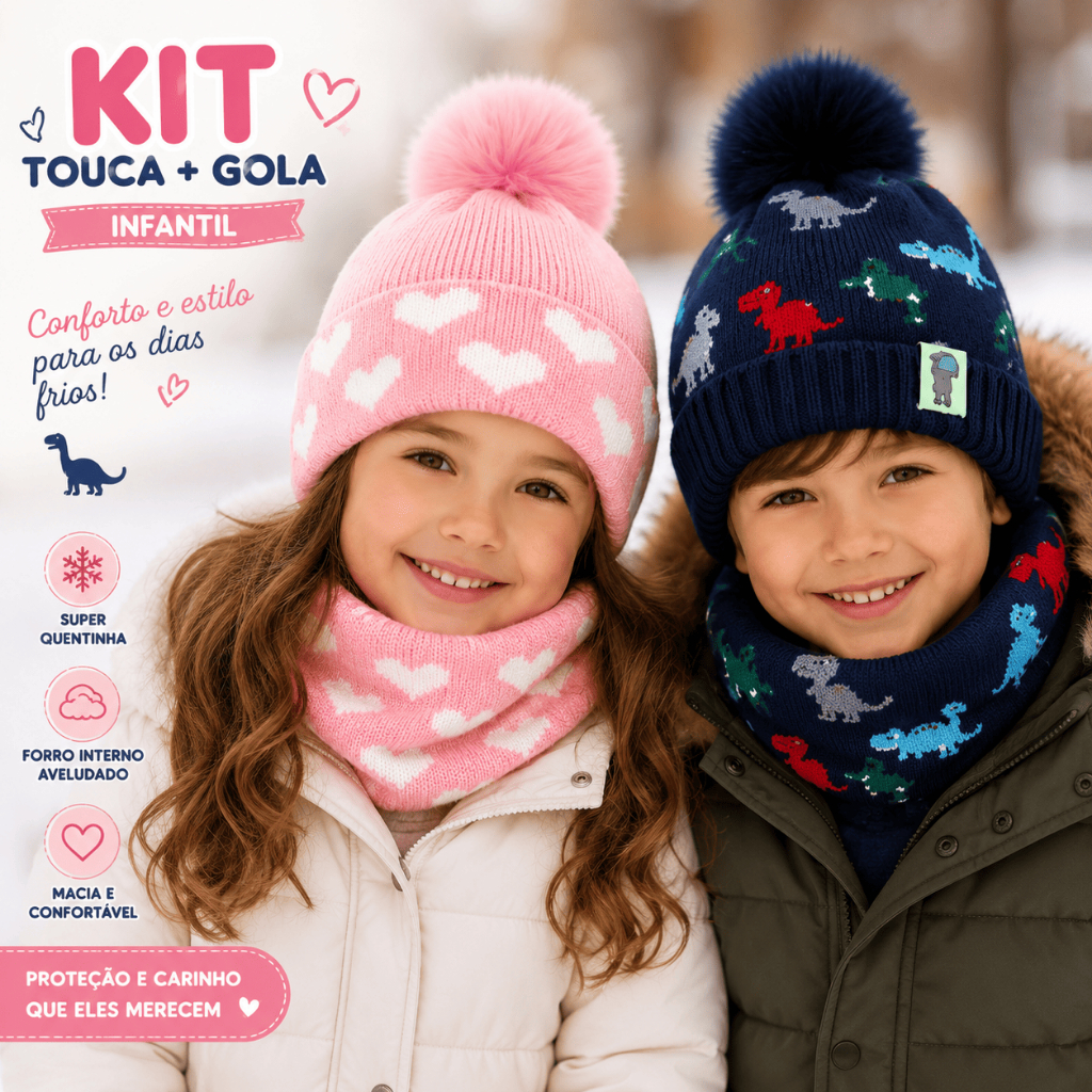 Kit Touca Infantil Com Gola Forrada Inverno Menino Menina Coração Dinossauro Feminina Masc...