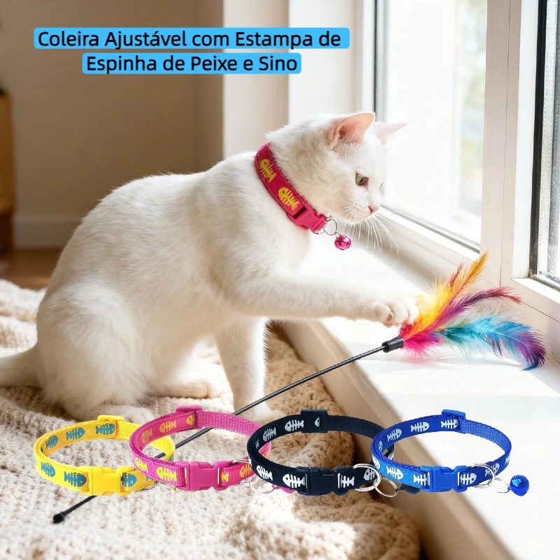 Coleira Ajustável para Animais de Estimação com Padrão de Espinha de Peixe e Sino para Gatos e Cães Pequenos