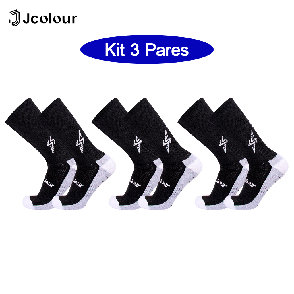 Meias Esportivas Antiderrapantes Jcolour, Kit com 3 Pares, Meias de Cano Alto para Futebol, Corrida