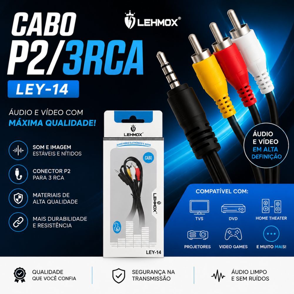 Cabo P2 3RCA LEHMOX LEY-14 para TV DVD Projetor e Home Theater