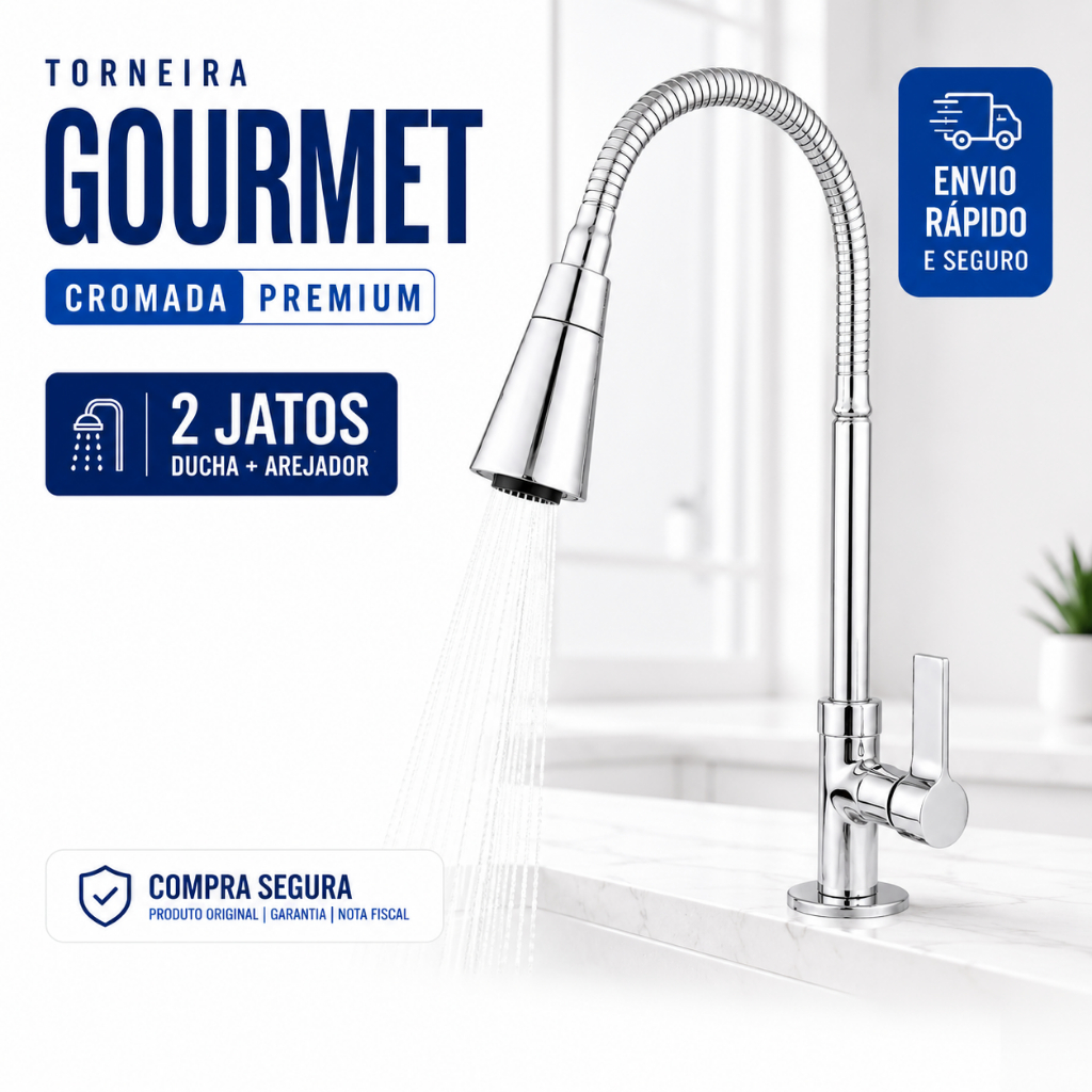 Torneira Gourmet Metal Bancada Pia Cozinha Cano Flexível Cromada Jato Duplo