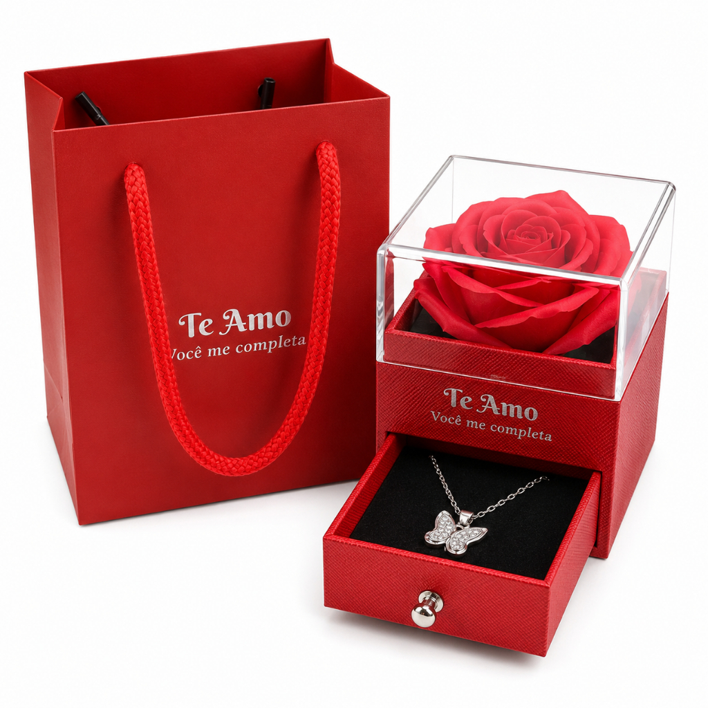 Kit Presente Namorada Esposa Caixa Rosa Vermelha com Colar Feminino Sacola Dia dos Namorados