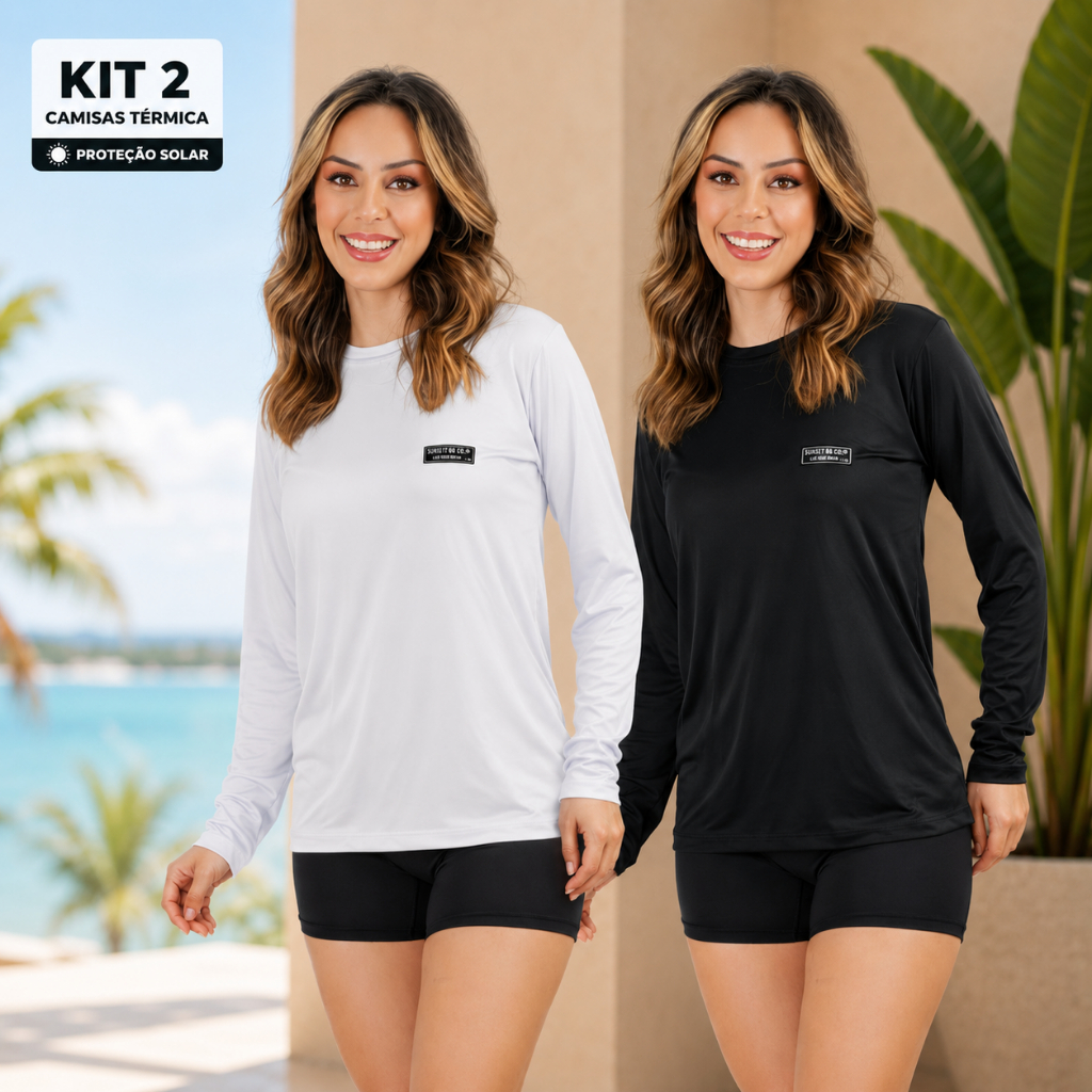 Kit 2 Camisetas Térmicas Feminina Proteção Solar UV 50+ Manga Longa Segunda Pele Academia Treino Corrida Praia