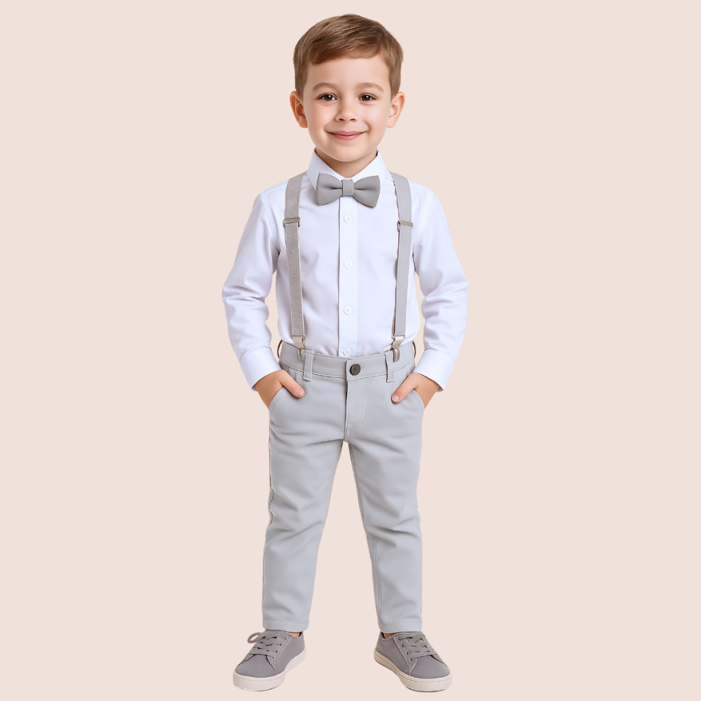Roupa Cinza Com Branco Social Menino Infantil e Juvenil - Batizado Festa Pajem