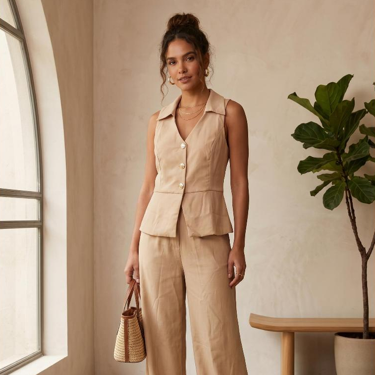 Conjunto Feminino Alfaiataria Premium Colete com Botões dourados e Calça Pantalona Social