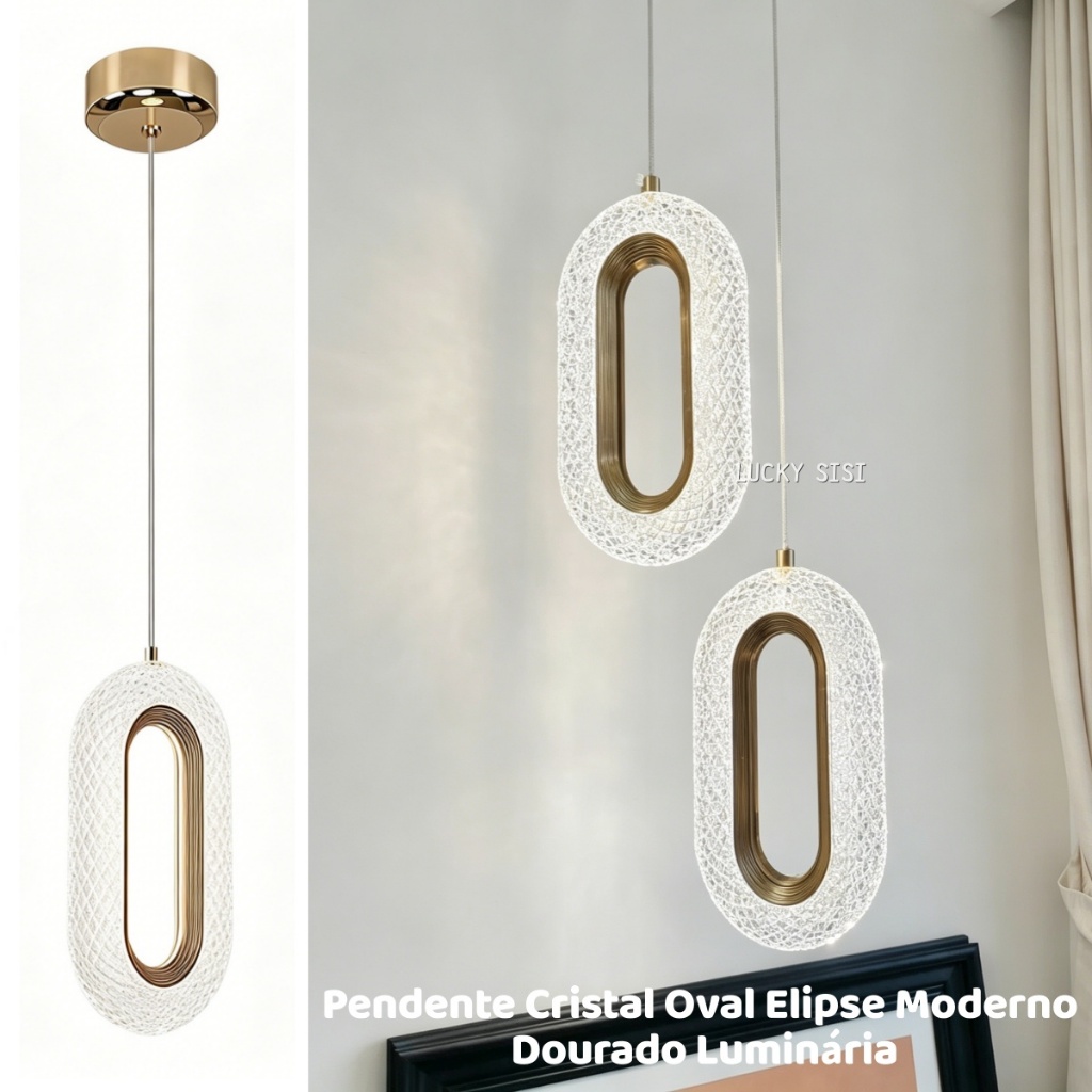 Pendente Cristal Oval Elipse Moderno Dourado Luminária，Lustre Pendente Cristal，Luminária Pendente Oval，decoração sala lu